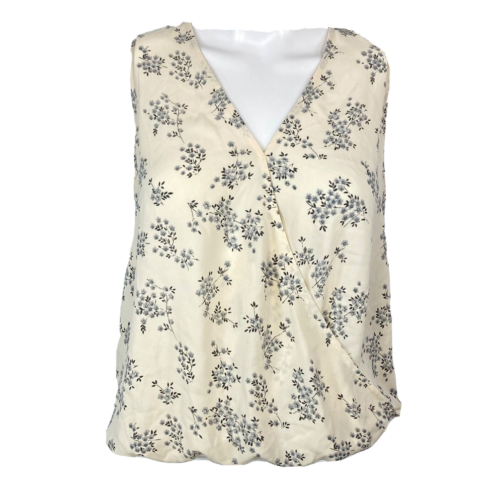 Loft Petite Shirt Womens Sz SP Ivory‎ Black Floral V Neck Sleeveless Wrap Look